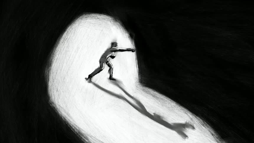 Black and white animation of a boxer under a spotlight