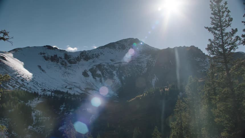 Greenish conifers around a snowy mountain and a strong sun