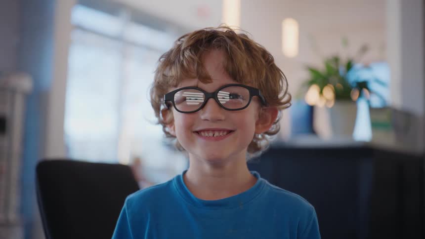 Portrait of a smiling little boy with prescription glasses