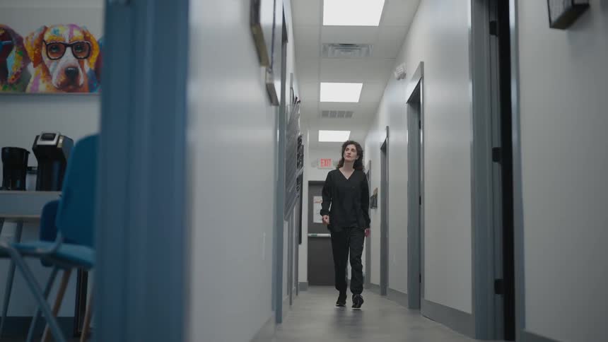 A woman wearing black walking on a narrow corridor