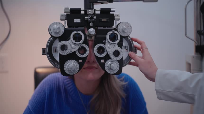 Eye doctor uses machine to calibrate patients prescription for glasses