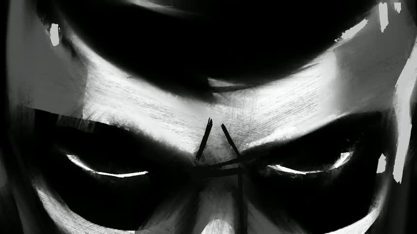 A black and white animation has a man with sunken eyes look up at the camera