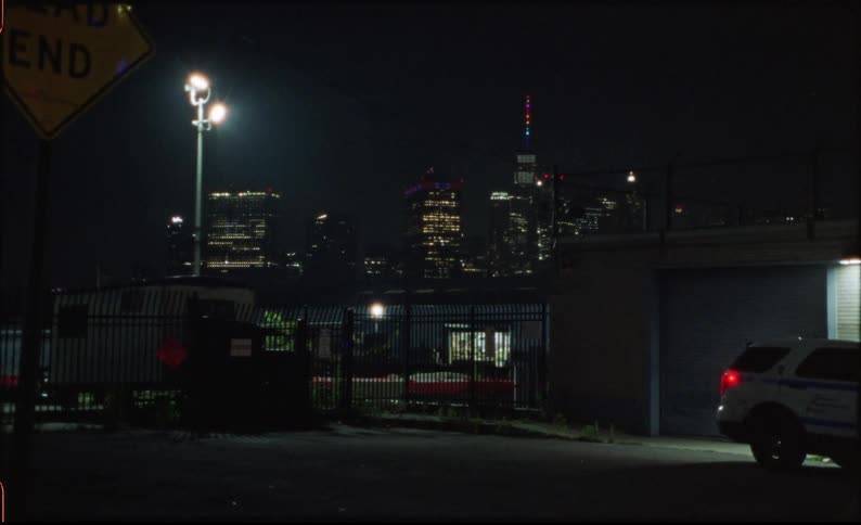 White car parked in the foreground and in the background a metropolis with skyscrapers at night