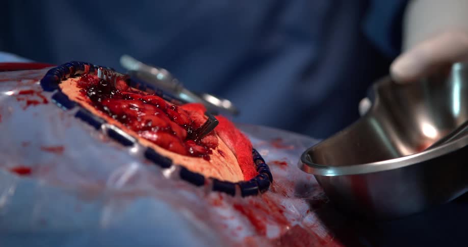 Hands of two surgeons with protective gloves removing shrapnel from a patient and placing it inside a metal jar