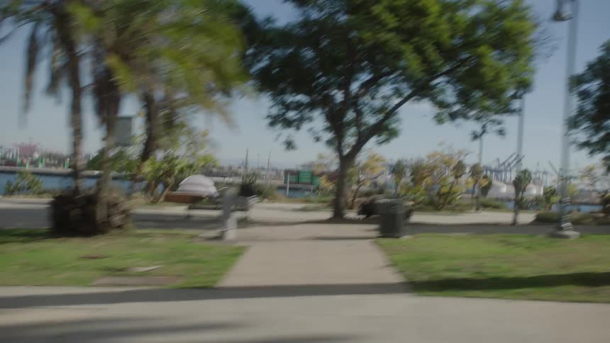 A city street and park with a shipyard in the distance