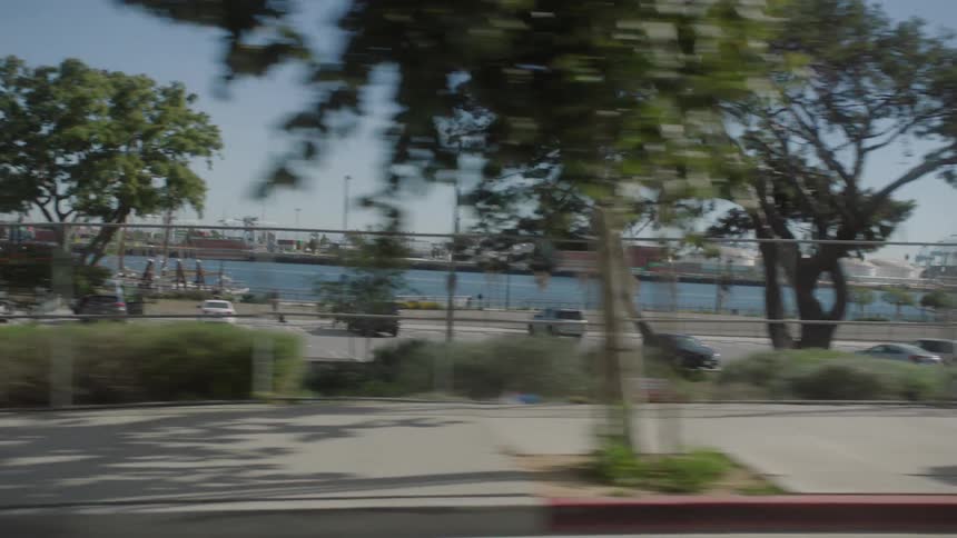 A port and parking lot near a road