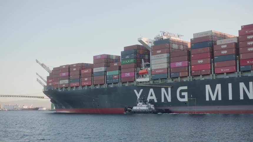 A large blue and white container ship named yang ming being guided by a smaller red tugboat through calm blue water