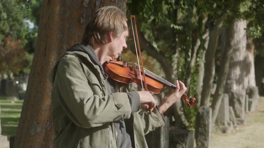 A man is playing the violin on a park