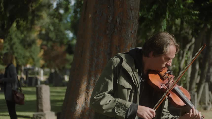 Musician playing violin and an openair environment with trees