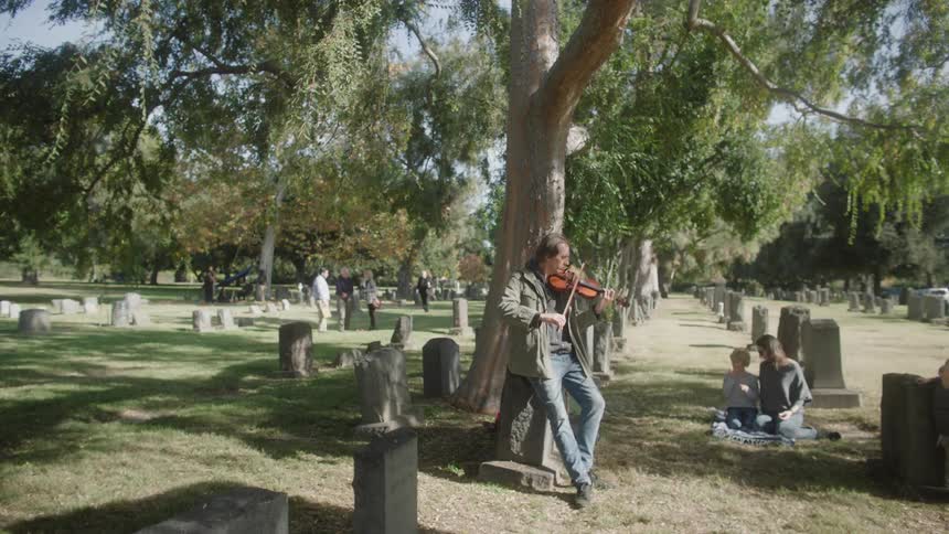Man leaning against a tree playing violin in a cemetery