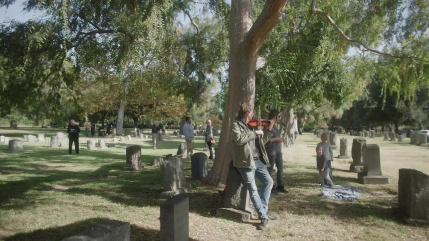 A person plays the violin near a tree in a cemetery with others standing nearby