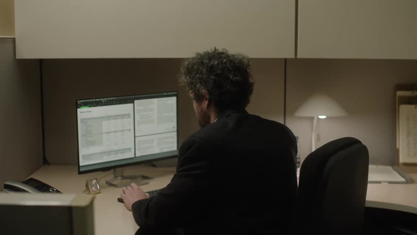 Man sitting in a chair using a computer at an office desk