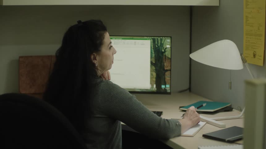 Female worker sits in cubicle in the office