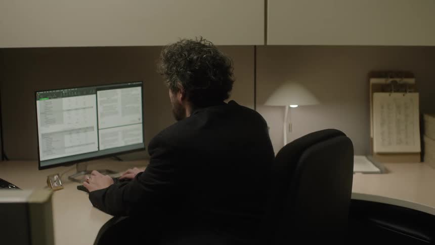 A man sitting in a work cubicle working on his computer