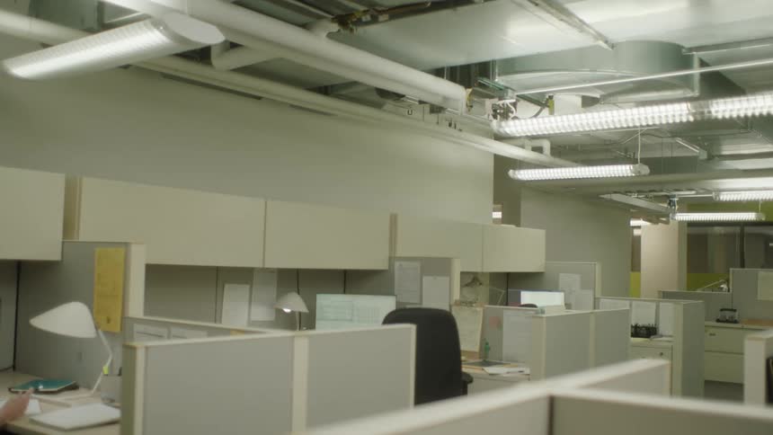 A couple of employees in an office with cubicles