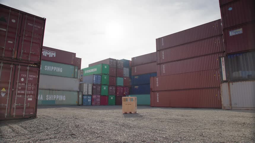 A row of colorful shipping containers