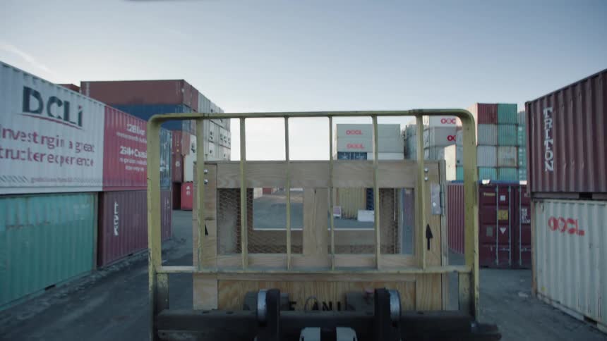Cargo car carrying a wooden box in the middle of a logistics center with containers around it