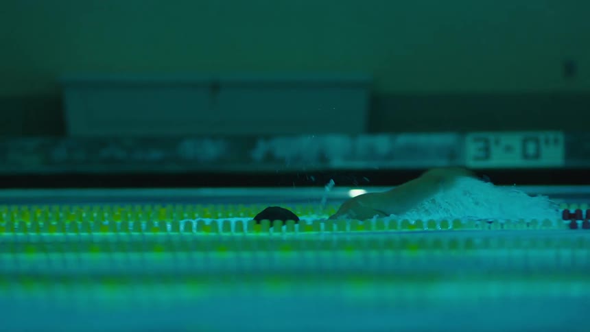 A man is swimming fast in the pool