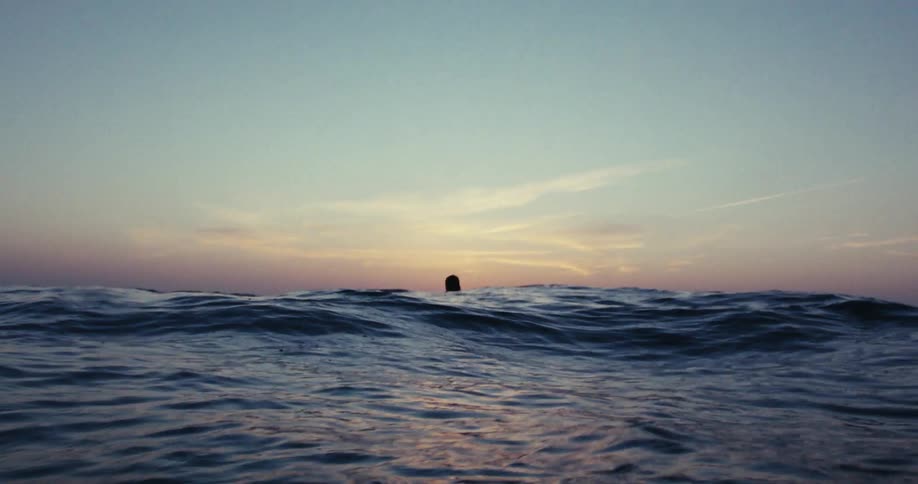 Silhouette of a man in the middle of an ocean in a morning sky