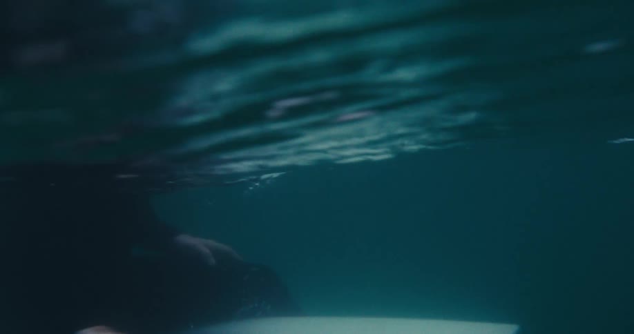 View from inside the sea of a man sitting on a surfboard