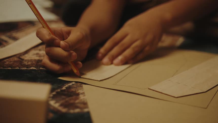 A boy traces pieces of paper with a pencil
