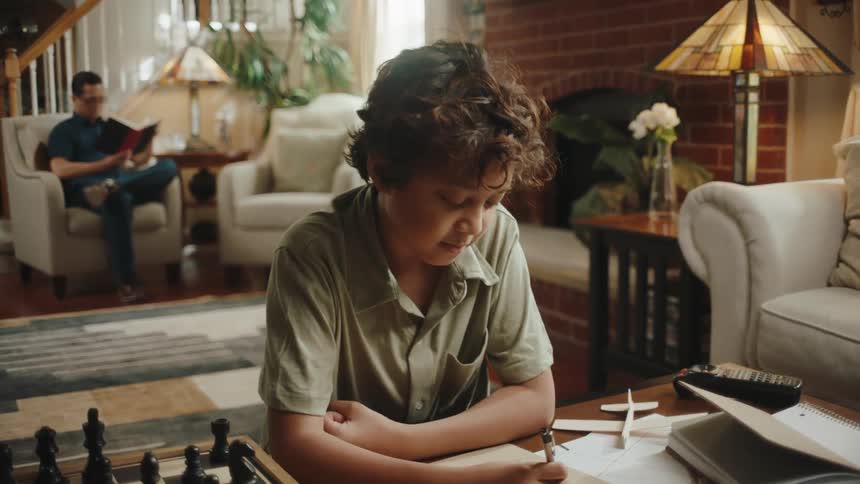 A child does his homework his father reads a book in the background