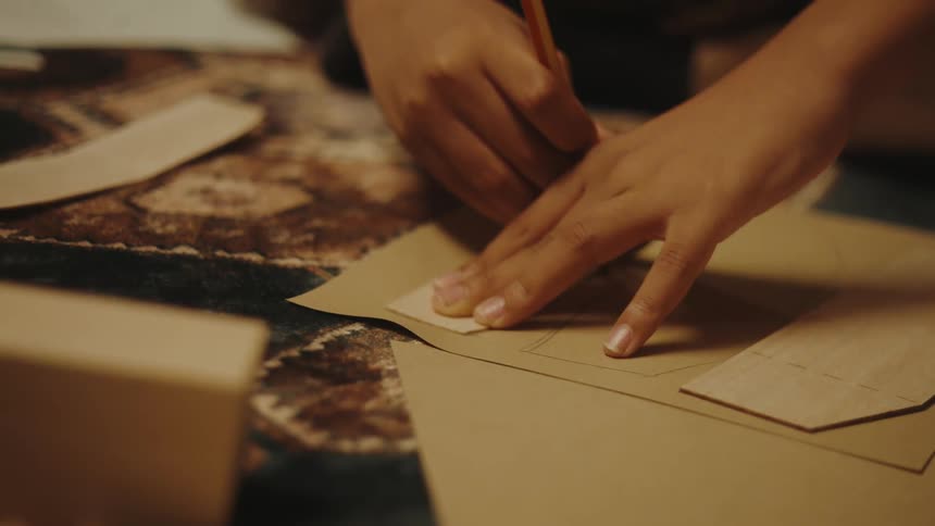 Hands of a little boy drawing geometric shapes on a cardboard