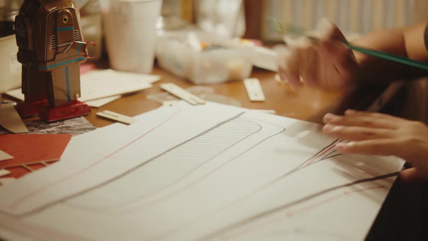 A boy drawing with pencil and paper on a desk at home