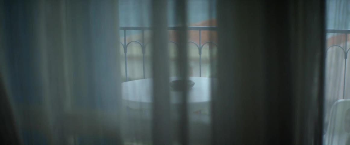 View of a table behind a sheer curtain