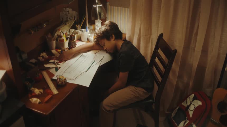 A boy sitting at his desk has fallen asleep while studying in his room
