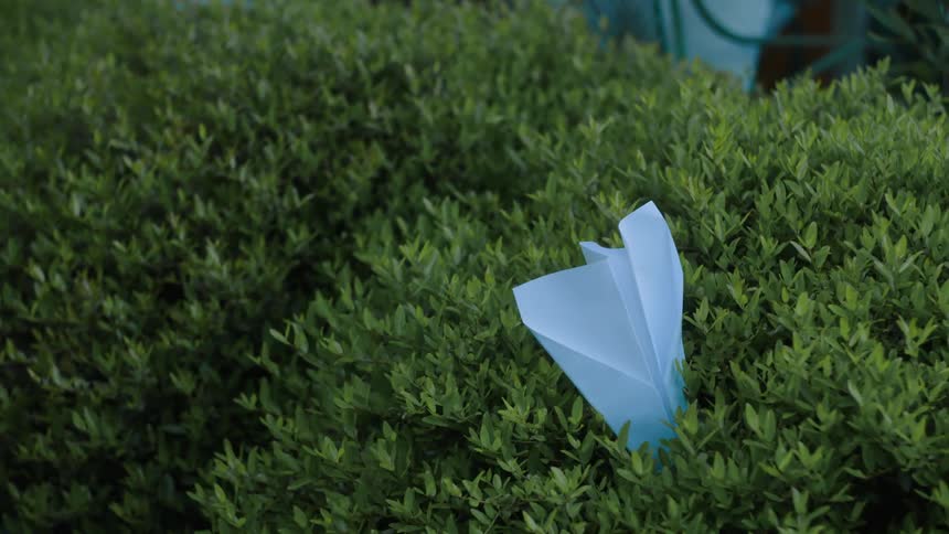 Paper plane falling into a bush