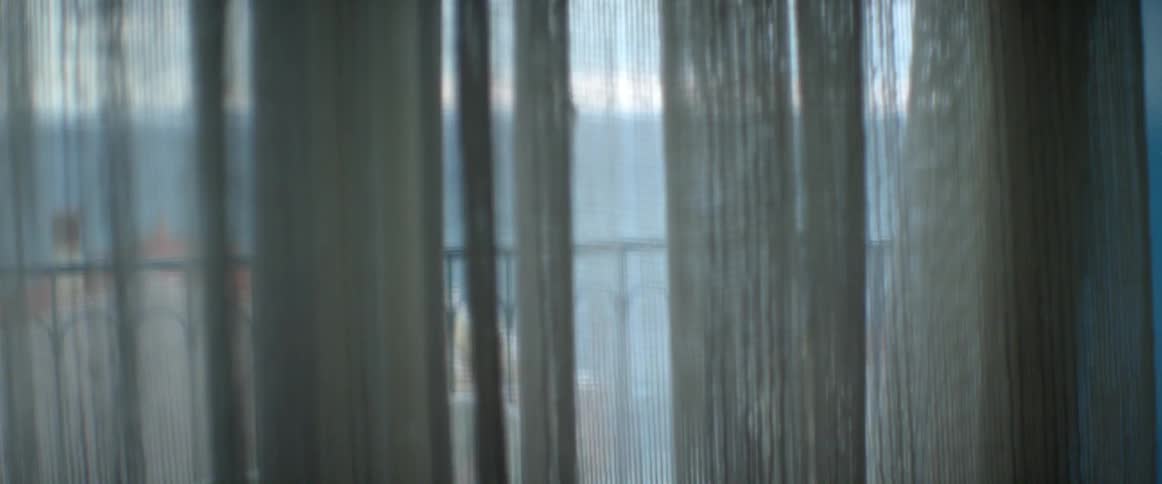 View out of a window with blinds covering it