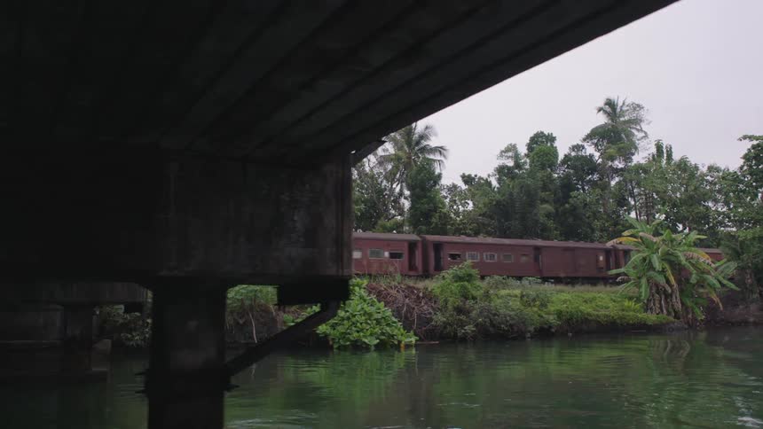 Train passing beside a lake