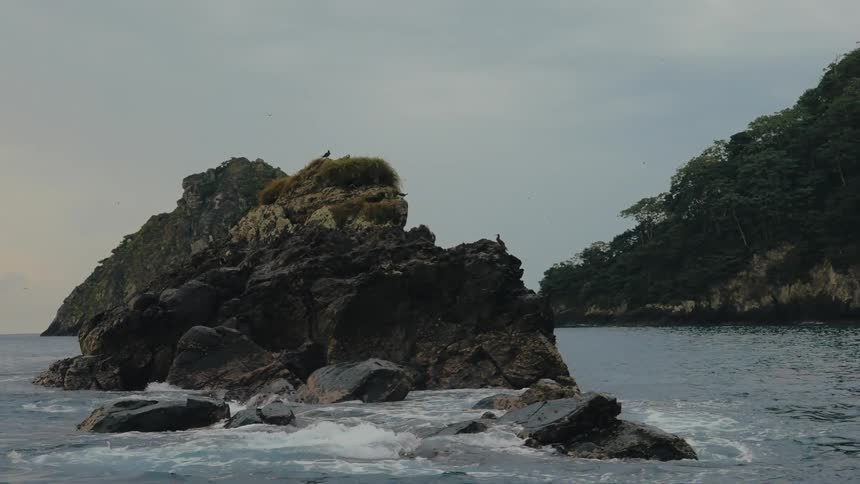 Island with rocky coast and birds flying around on a cloudy morning
