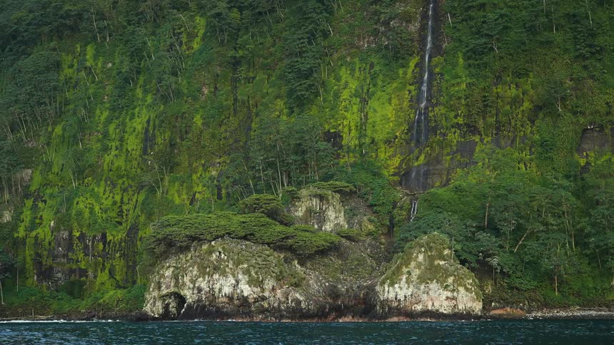Blue sea and a rocky wooded coastline in the background