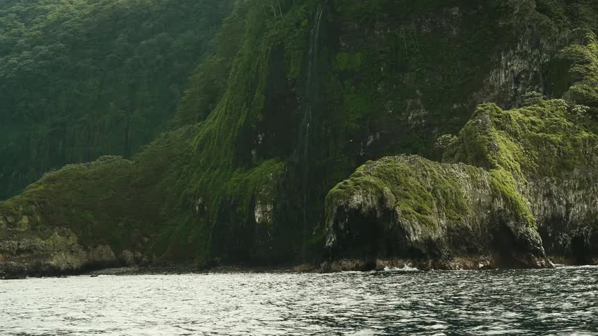 A sea coast with a land with a huge stone covered in vegetation