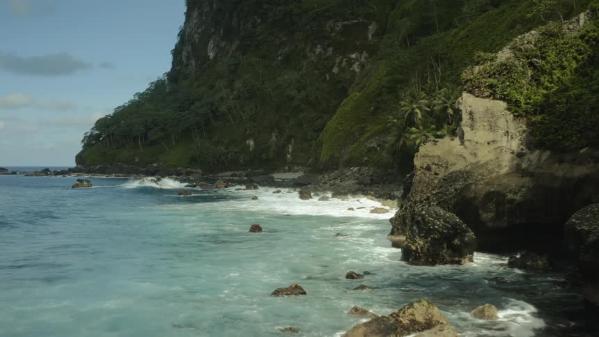 Waves foam while rolling over stones near forested mountainous shore