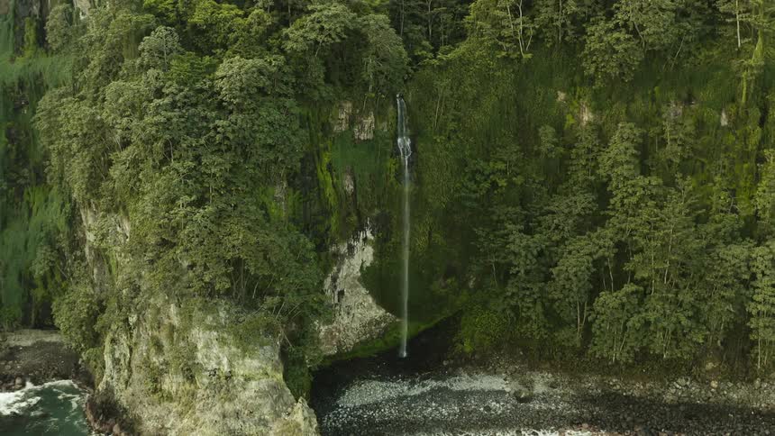 Aerial view of a rocky shoreline with vegetation covered cliffs a waterfall flowing off one