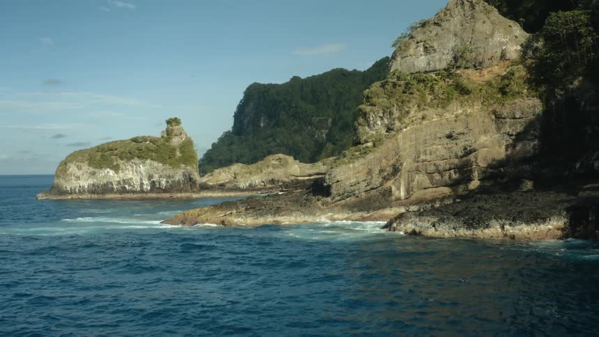 Rocky and wooded coast on the edge of a blue sea