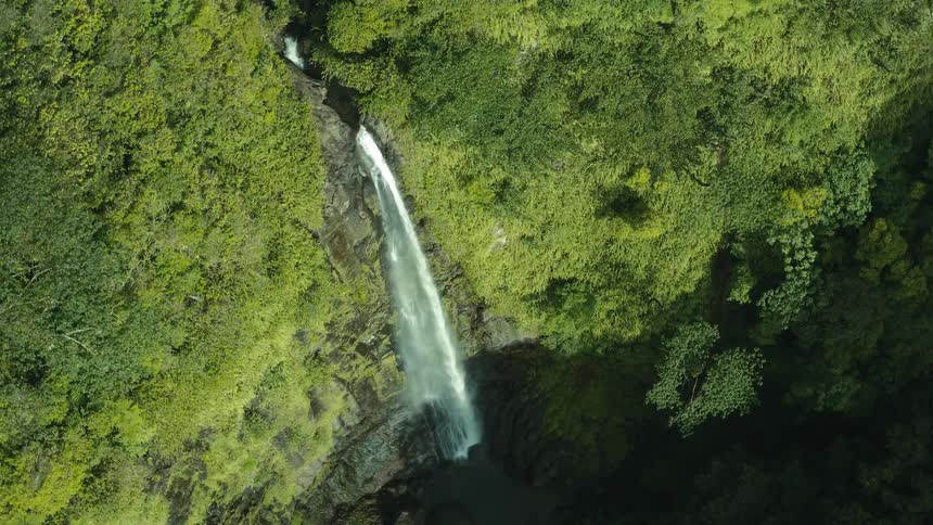 An aerial view of a waterfall coming out of a large stone wall full of moss