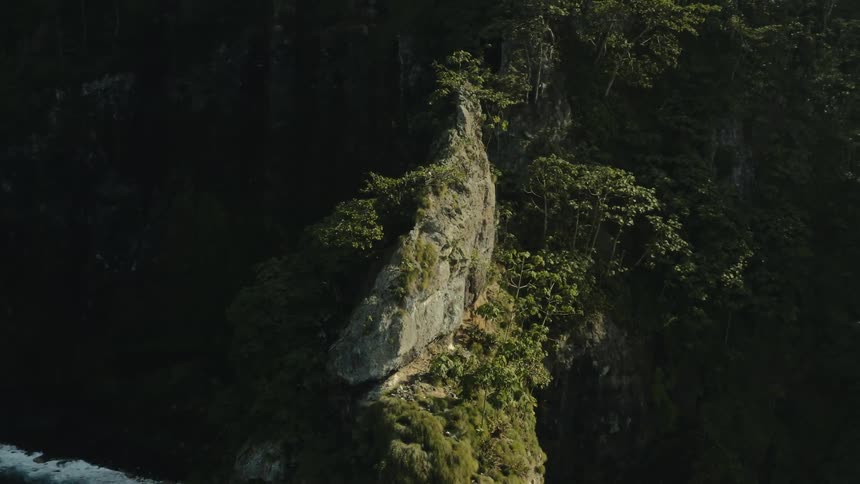 A large rock formation on a hill with many trees that faces the sea