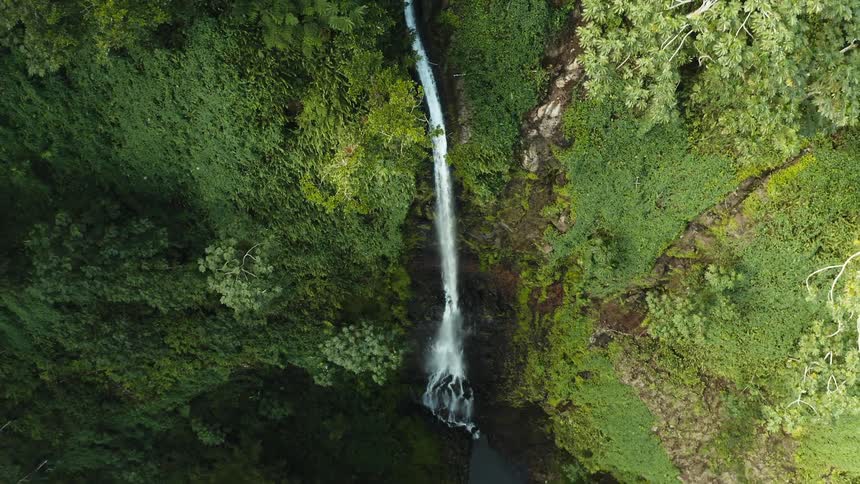 Aerial panorama of an extensive waterfall on a forested mountain