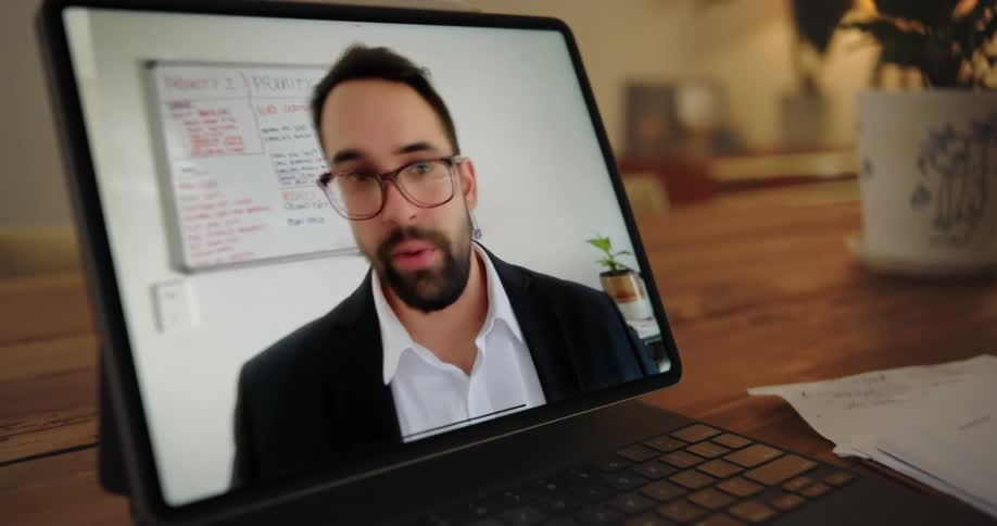 Close up of a man on a tablet screen on a video call the tablet on a wooden table