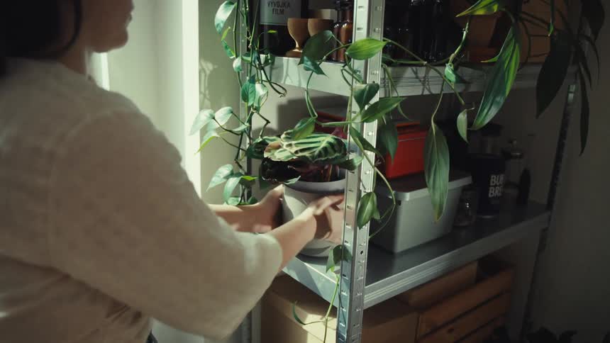 Woman places potted plant on shelving unit near window and adjusts its leaves
