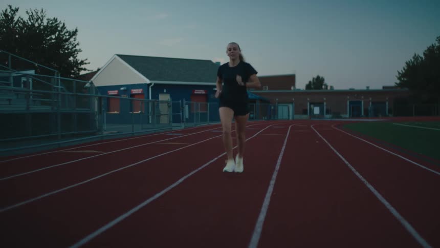 A young woman wearing dark shorts and shirt runs around a track