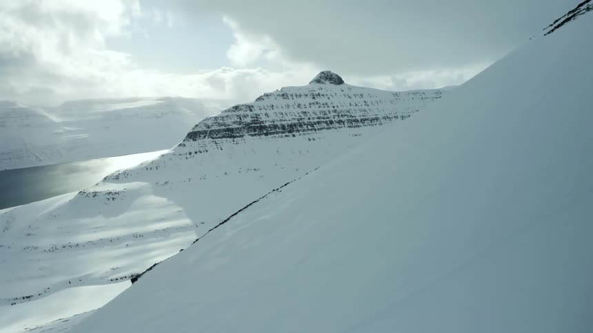 Aerial panorama of mountain ranges covered in snow by a lake
