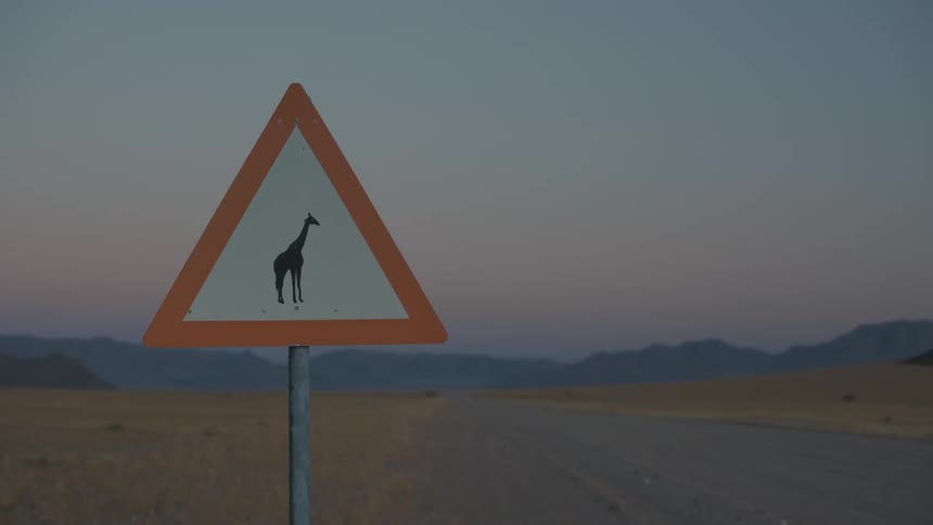 A road sign with a black drawing of a giraffe and next to it there is a dirt road