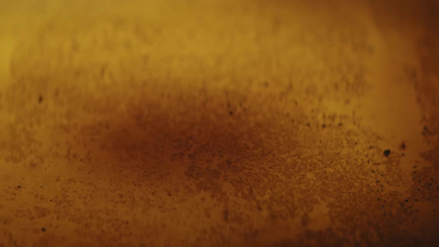 Closeup on a golden liquid with a black and abstract powder