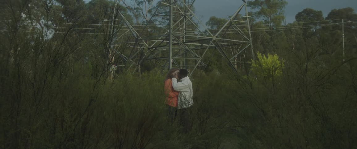 A man and a woman kiss near power lines