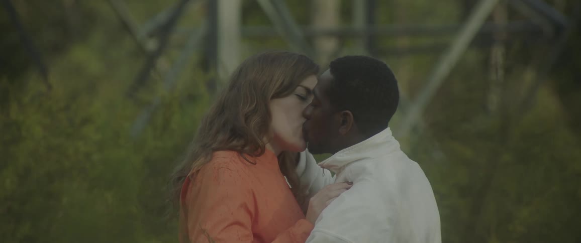 A man and a woman making out in a field of bushes and tall grass